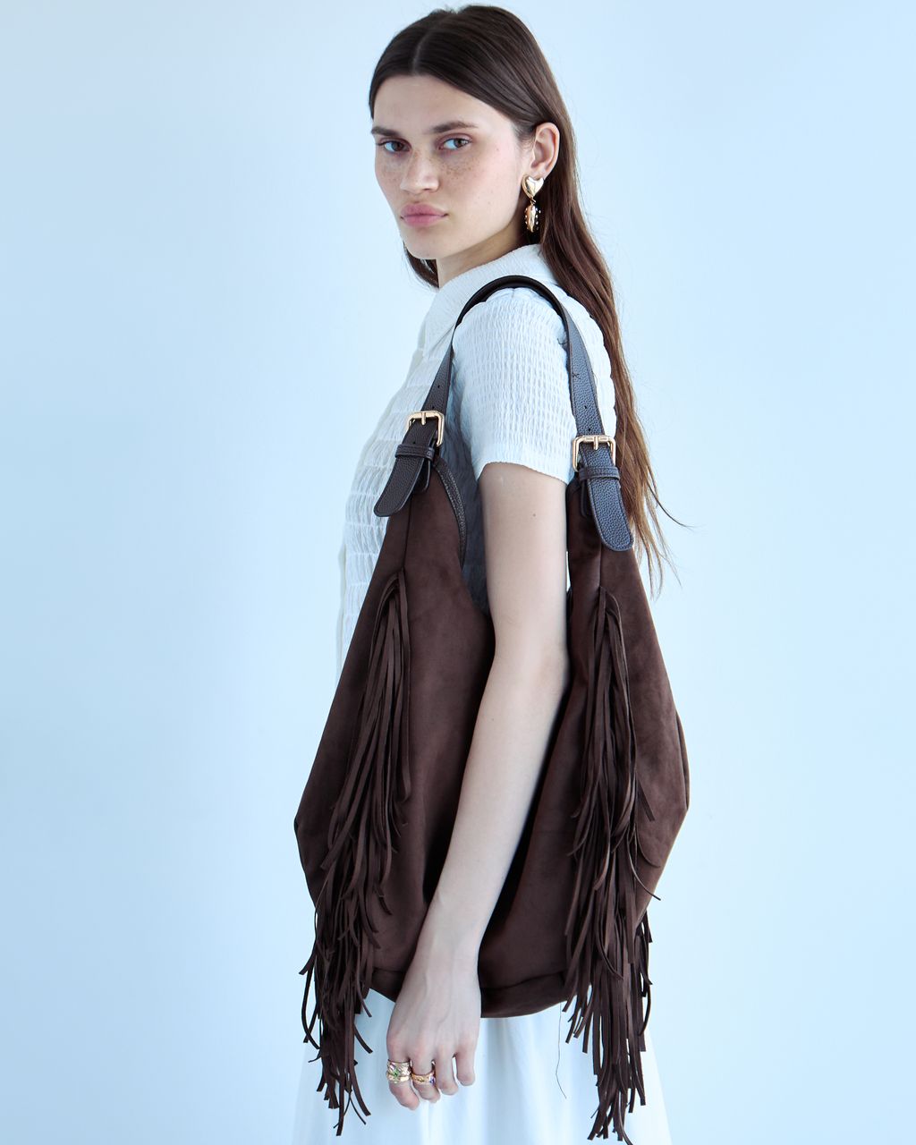 SLOUCHY SUEDE-EFFECT TOTE WITH FRINGES