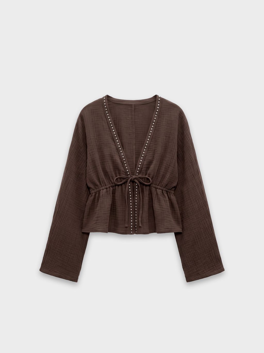 CROPPED TEXTURED TIE-FRONT BLOUSE