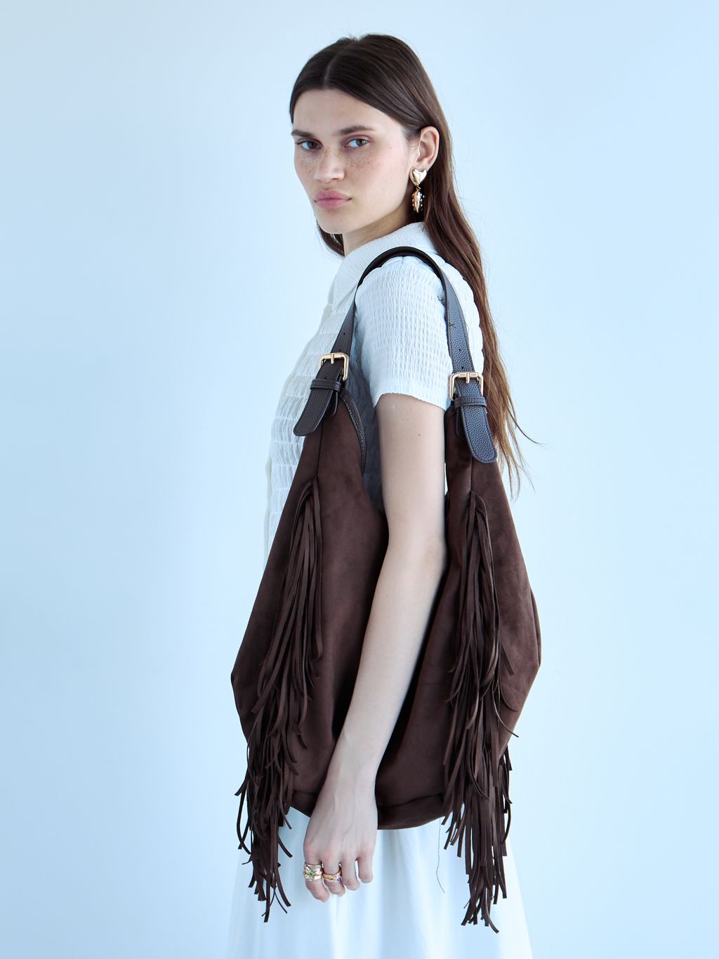 SLOUCHY SUEDE-EFFECT TOTE WITH FRINGES